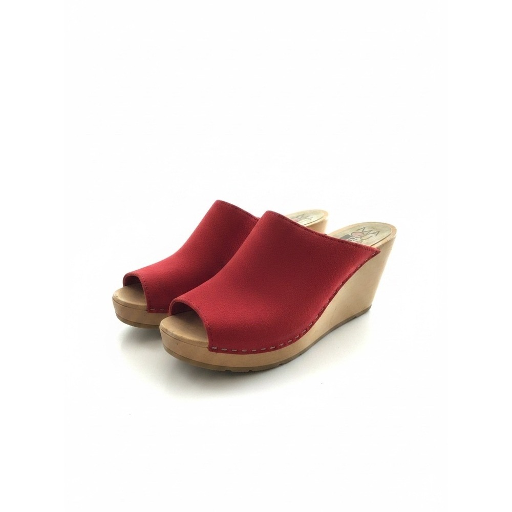 Maguba Red Suede Wooden Wedge Clogs 37 Red Peep Toe Slide Mules Retro Boho